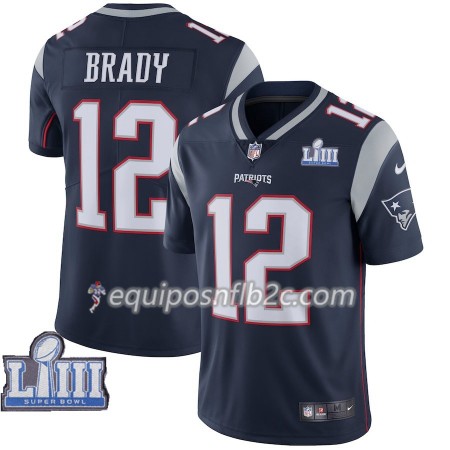 Camiseta Hombre NFL New England Patriots Tom Brady 12 Nike Azul II 2019 Super Bowl LIII